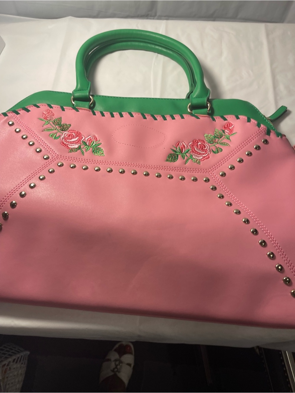 Pink & Green Floral Studded Women's Satchel